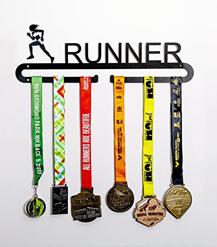 La tienda del metal Colgador de Medallas Deportivas - Medallero de Pared - Expositor de Medallas - Soporte de Medallas - Running, Natacion, Triatlon, Futbol - Acero Negro Texturizado - Runner Woman Cover