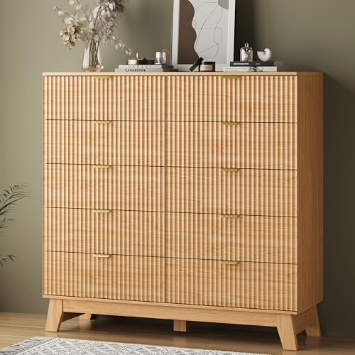 Image of Fluted Dresser for Bedroom with 10 Drawers, 48 inch Wide Modern Chest of Drawers with Metal Handle, Wooden Dresser TV Stand, Wood Closet Clothes Storage Organizer for Living Room, Hallway, Natural Oak