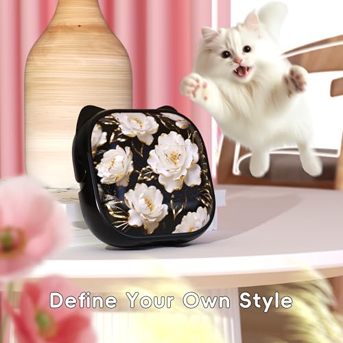 Image of for AirPods 4 Case with Cleaning Kit, Cute Cat Ear Print Design & Cute Buckle, Inverted Phone Holder Design, Top Safe Lock Buckle Design, for Girls AirPods 4 case 2024, Black Peony