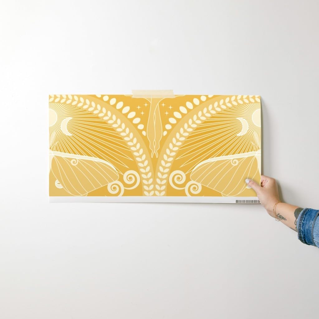 Spoonflower Removable Wallpaper Swatch - Golden Luna Moth Art Deco Monochrome Moon Boho Bohemian Custom Pre-Pasted Wallpaper