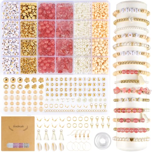 EUES Perles en cristal naturel pastèque pour bracelets, kit de perles en pierre précieuse, perles en pierre naturelle avec perles en bois, bracelets à faire soi-même, kit de fabrication de bracelets