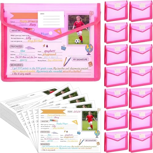 Motipuns 14 Pack K-12 School Memory Box Back to School Year Memory Kit Large Capacity 16 Questionnaires Photo Album Organizer Keepsake Scrapbook from Pre to 12th Grade File Picture Folder (Pink)