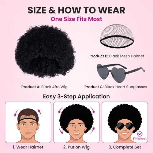 Image of FREE BEAUTY 8pcs Black Afro Wig with Heart Sunglasses for Men Women, Funny 70s 80s Disco Party Afro Wigs Colored Short Fluffy Curly Hair with Hair Net for Halloween Cosplay Costume Party