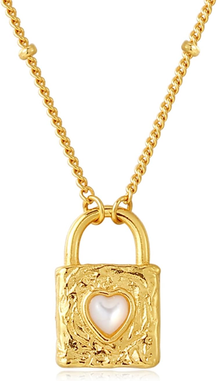 ARSIS Heart-Center Padlock Pendant Necklace for Women – Gold Shell Pearl Necklace, Dainty Everyday Jewelry Gift