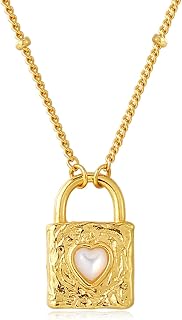 ARSIS Natural Stone Lock Pendant Necklace for Women, Vintage Gemstone Dangle Necklaces with Mother of Pearl, Turquoise & Lapis Lazuli, 18K Gold/Platinum Plated Layering Jewelry Gift