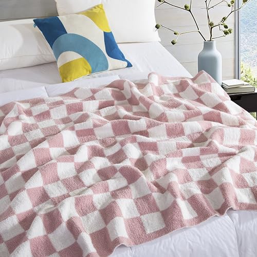 Image of Elegant Comfort Checkered Throw Blanket, Light Pink Super Soft Cozy Fluffy Warm Throw Blankets for Couch, Sofa, Chair, Bed, Camping, Picnic, Travel Lightweight Bed Blanket (50 inch x 70 inch)