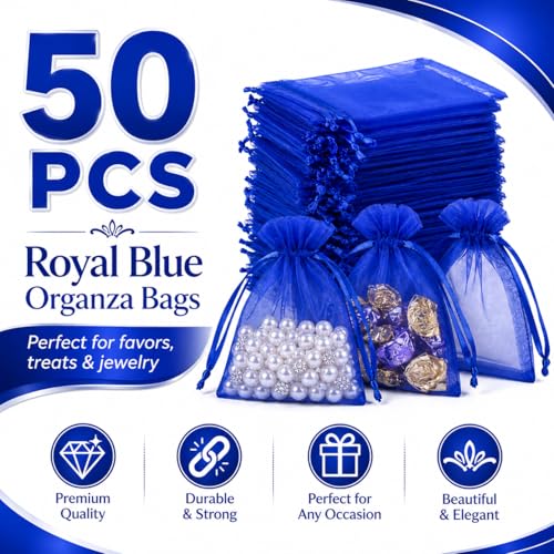 Image of Hopttreely 50pcs Royal Blue Organza Bags, 4x4.72 inch Mesh Bags Drawstring Gift Bags Jewelry Pouches for Candy Wedding Favors Christmas, Bridal Showers, Candy, Jewelry & Goodie Bags