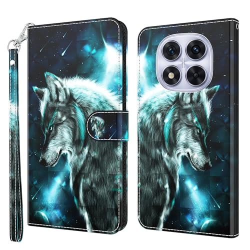 CLM-Tech Custodia compatibile con Xiaomi Redmi Note 14 Pro 5G Custodia – Custodia in pelle PU – Custodia a portafoglio con supporto e scomparti per carte di credito – Custodia a portafoglio Cover lupo