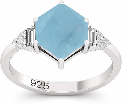 8x11mm Natural Aquamarine Ring 1.25 Carat Hexagon cut Gemstone in 925 Sterling Silver, Handmade March Birthstone Jewelry for Women, Promise or Engagement Ring