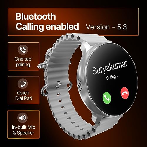 Image of CrossBeats Aura Round 1.46 inch Super AMOLED Smart Watch, Always On, Advanced AI ENC Bluetooth Calling, in-Built Games, Fast Charge, Rotating Crown, 123+ Sports Modes, 454 x 454 Pixel (Silver, Silver)