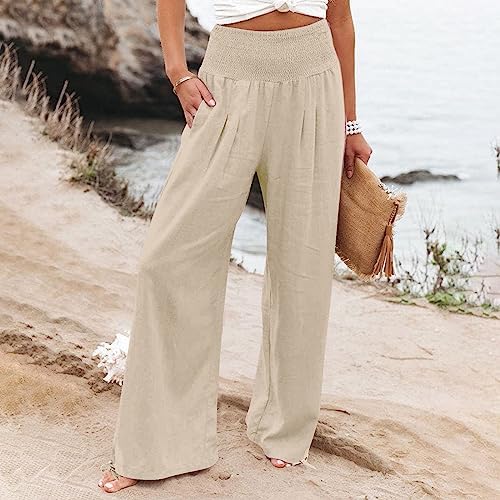 Zomerbroek voor dames, lichte stretch linnen broek, elegant, brede pijpen, comfortabele luchtige vrijetijdsbroek, hoge taille, joggingbroek, yogabroek met zakken, comfortabele ademende strandbroek