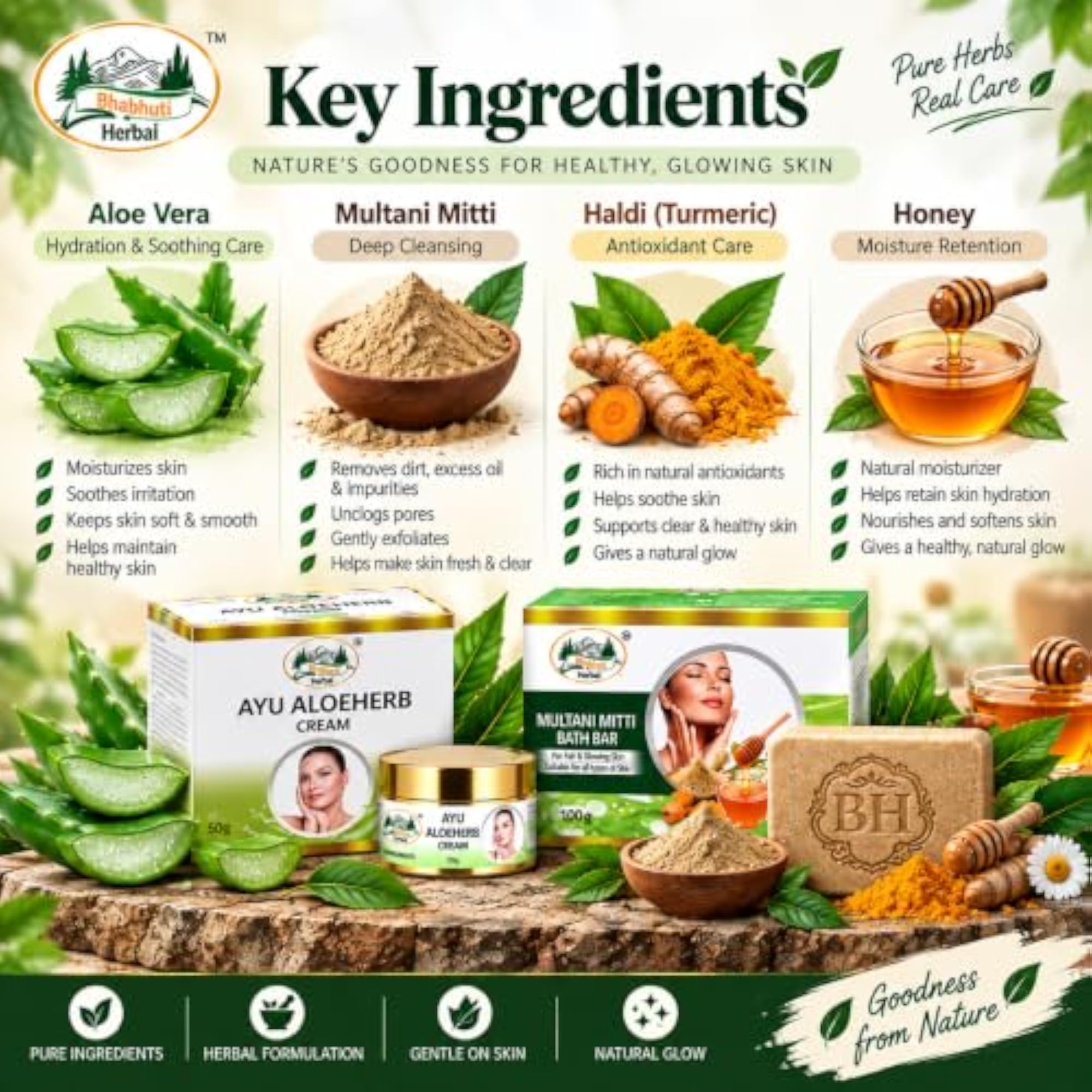 Natural Glowing Skin Nourishing Multani Mitti Soap & AYU ALOEHERB FACE CREAM Combo