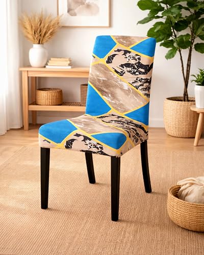 Image of Dining Chair Covers Set of 2, Stretchable Removable Washable Anti-Slip Universal Fit Printed Polyester Spandex Slipcovers (Blue Marble)