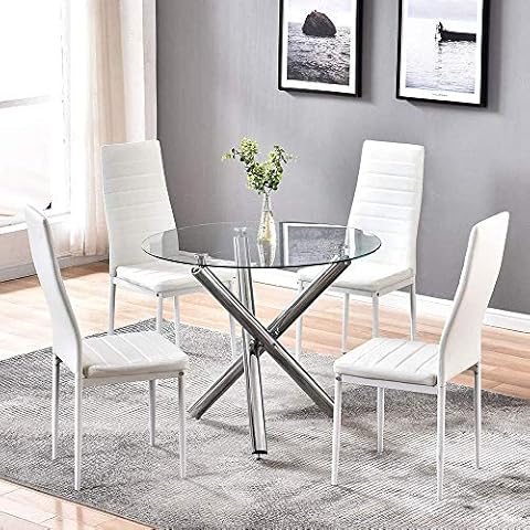 nozama Round Dining Room Set Glass Dining Table and Chairs Set for 4 - Kitchen Room Table with 4 Chairs Cover