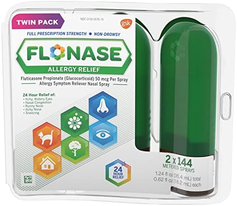 Flonase Allergy Relief Nasal Spray, 24 Hour Non Drowsy Allergy Medicine, Metered Nasal Spray - 144 Sprays (Pack of 2)