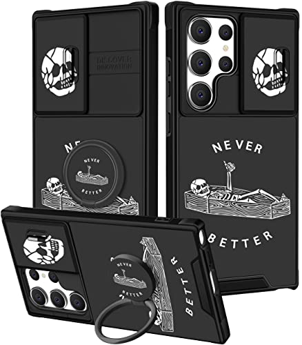 Goocrux (Coque 2 en 1 pour Samsung Galaxy S23 Ultra - Motif crâne squelette pour femmes et filles - Design gothique amusant avec coque coulissante pour appareil photo + anneau - Jamais mieux effrayant