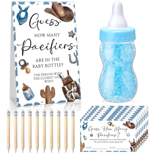 Image of Roowest 512 Pcs Baby Shower Games Guess How Many Pacifiers Sign 100 Small Guessing Games 10 HB Pencils 750ml Milk Bottle 400 Acrylic Pacifiers Decoration for Guest Gender Reveal(Blue,Cowboy)
