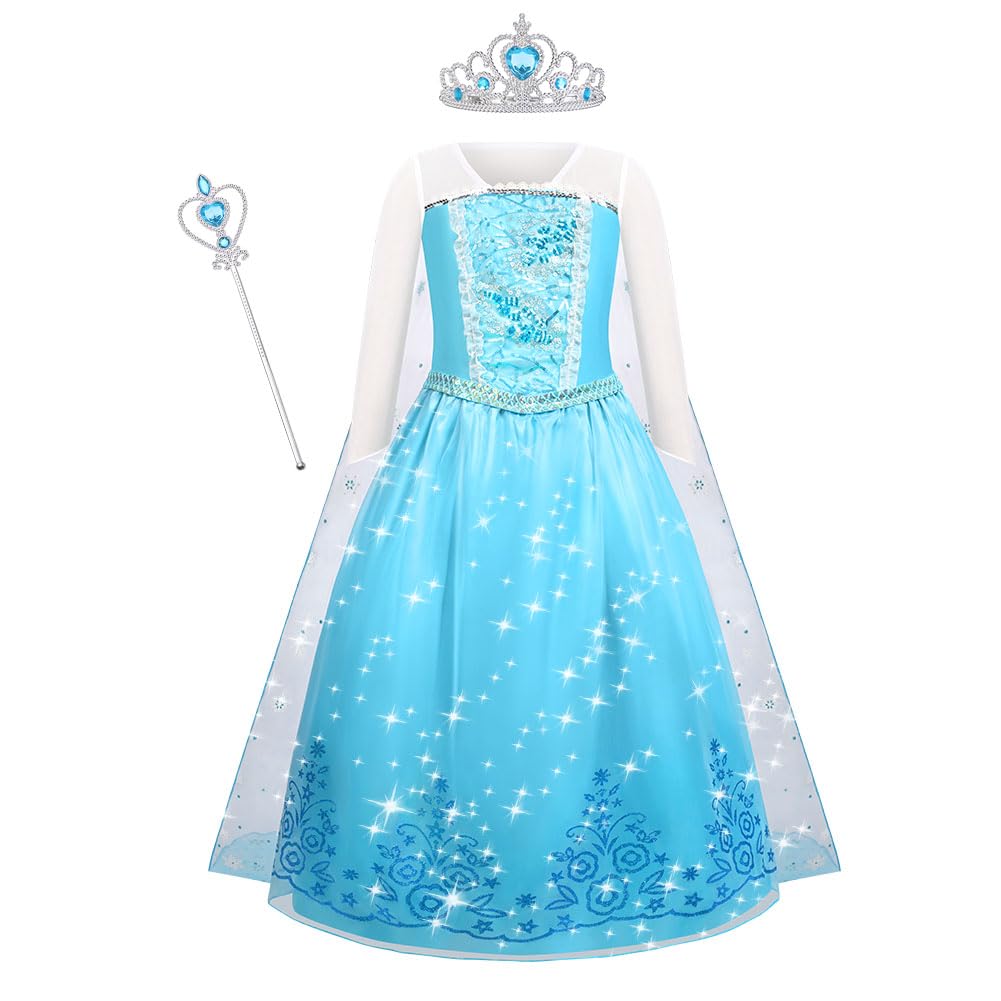 ACWOO Elsa Vestito Set, Costume Elsa Congelamento Bambina, Set da Principessa con Corona Bacchetta, Elsa Vestito Bambina per la Halloween Natale Cosplay Party Compleanno Vestito Fantasia