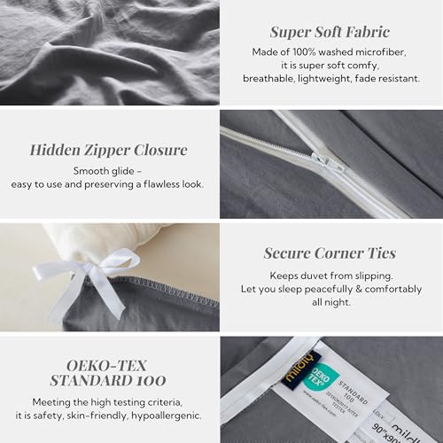 Image of MILDLY Duvet Cover King Ultra Soft Comforter Cover Set 3pcs, Dark Grey | Washed Microfiber Cotton-Like, Breathable Comfort, Hidden Zipper, Corner Ties, OEKO-TEX Certified, Fade Resistant