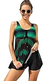 VERV LABEL Women's U-Neck Swimdress Tankini – Green Tie Dye Modest Bathing Suit with Shorts.