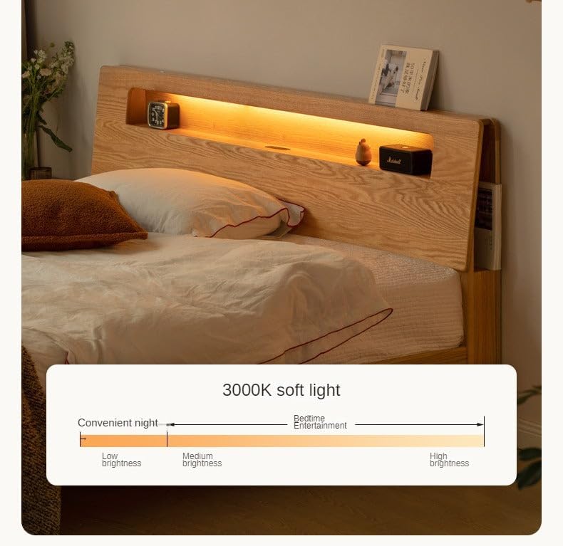 Oak, Beech Solid Wood Bed with Light and Bookshelf US Size - RV King 72" x 80" (182 x 203 cm) / Walnut Color Oak high Berth Diagonal backrest Walnut Color Oak High Berth Diagonal Backrest US size - RV KING 72" x 80" (182 x 203 cm)