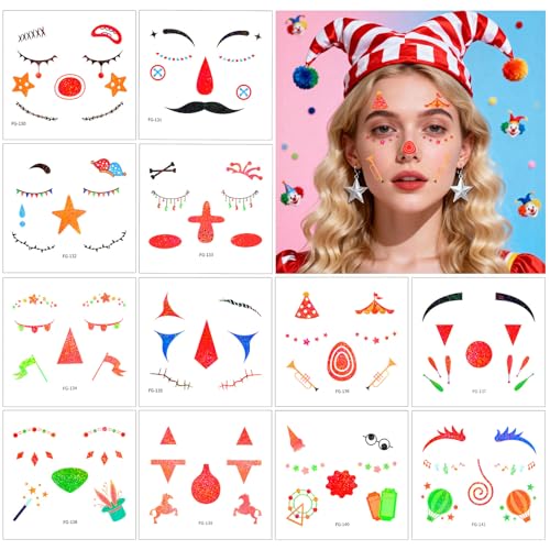 Konsait 12 Sheets Glitter Clown Face Tattoos for Women Girls Temporary Face Makeup Tattoo Halloween Fake Makeup Tattoos Stickers Party Favors