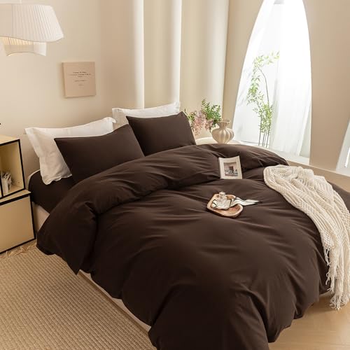 Image of ECOCOTT Duvet Cover King Size -100% Washed Cotton Linen Like Textured Breathable Durable Soft Comfy Bedding Set with Zipper Closure & Corner Ties (Cocoa Brown, 104 inchx90 inch)
