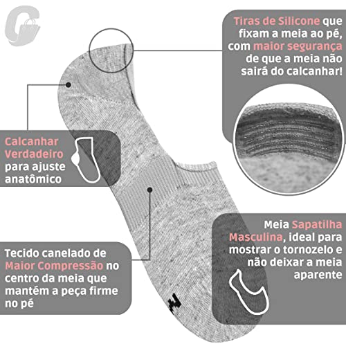 Kit 06 Pares Meias Sapatilha Super Invisível Mash Silicone Interno no Calcanhar | 2 Branco | 2 Cinza