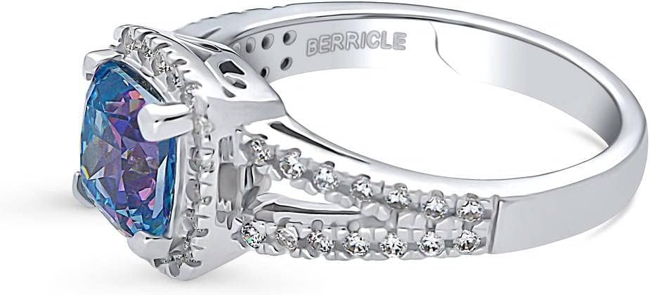 BERRICLE Sterling Silver Halo Purple Aqua Cushion Cut Cubic Zirconia CZ Kaleidoscope Cocktail Fashion Split Shank Ring for Women, Rhodium Plated Size 4-10