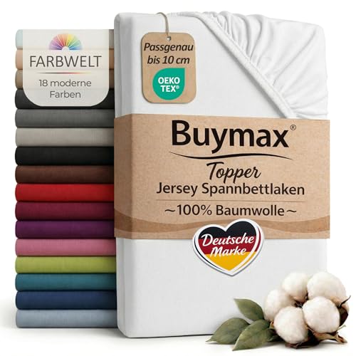Buymax Jersey Topper Spannbettlaken aus 100% Baumwolle – Spannbetttuch für Topper bis 10 cm Höhe (18 cm Steg), atmungsaktiv, elastisch, Oeko-TEX