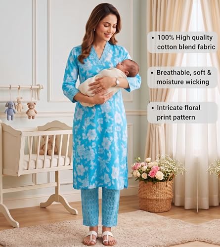 Image of DUMMY SHAPE Feeding Kurtis for Women Cotton Blend | Floral Kurta Pant Dupatta Set with Nursing Zippers to Pre & Post Partum | Maternity Dresses | Mom to Be Gifts for Pregnant Woman