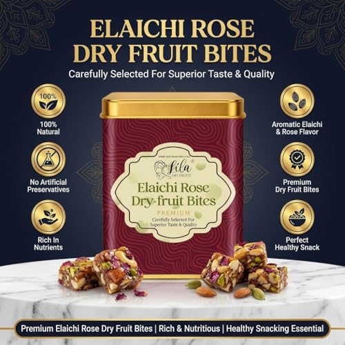 Image of LILA DRY FRUITS Dry Fruit Bites 200 g x 2 (400 g) Rose Cashew Dry Fruits Barfi | Cashew Almond Dates Gulkand Mithai | Healthy Sweet Snack with Desi Ghee | Premium Festive Gift DryFruit Bytes Perfect for Gifting