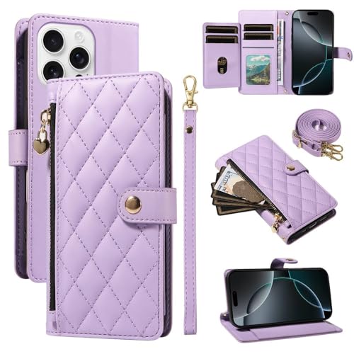 Étui iPhone 15 Pro portefeuille fermeture éclair rabat cuir violet