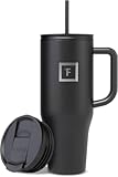 Co-Pilot Insulated Mug w&sol;Straw & Flip Cap Lids - Cup Holder Bottle for Hot&comma; Cold Drink - Leak-Proof - Water&comma; Coffee Portable Travel Mug - Midnight Black&comma; 40 Oz