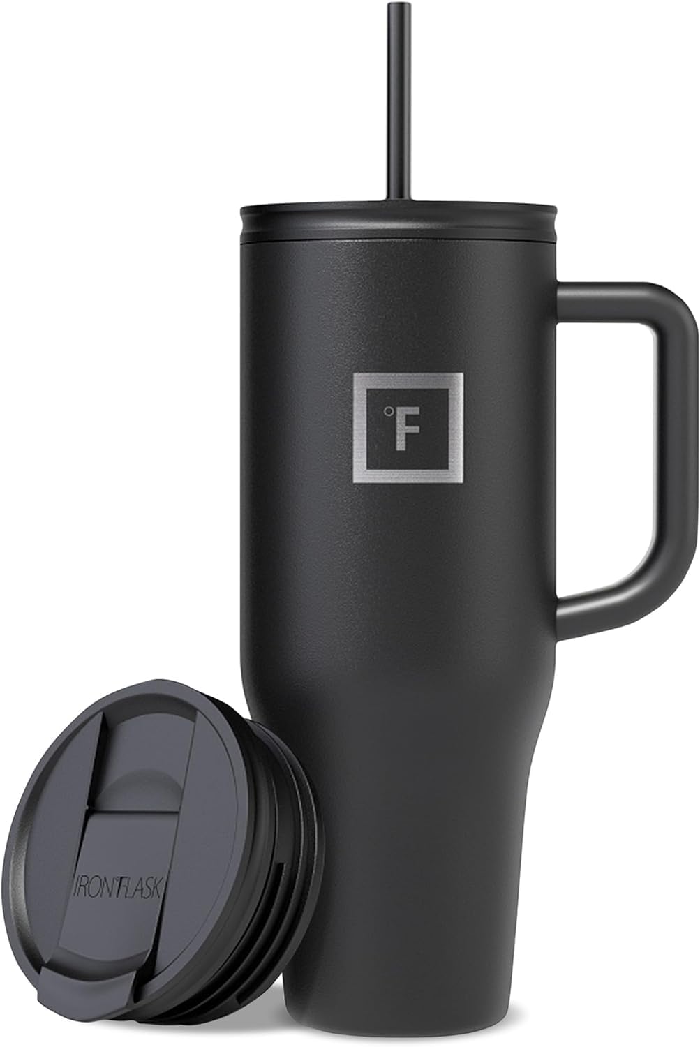Co-Pilot Insulated Mug w/Straw & Flip Cap Lids - Cup Holder Bottle for Hot, Cold Drink - Leak-Proof - Water, Coffee Portable Travel Mug - Midnight Black, 40 Oz