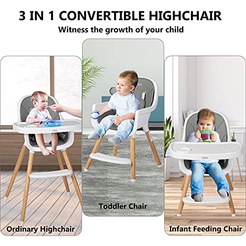 Kinder King 3 In 1 Convertible Baby High Chair, Wooden Highchair W/Double Removable Tray, Infant Feeding Chair-Toddler Chair, Adjustable Legs, Detachable Footrest & Pu Cushion, 5-Point Harness, Grey #TOP1
