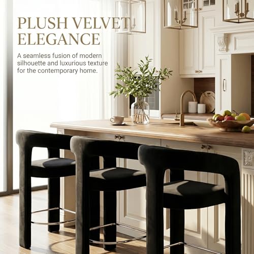 Image of HNY Modern Barrel Bar Stools Set of 4, 26 Inch Upholstered Velvet Counter Height Barstools with Open Back and Armrests, for Kitchen Island, Home Bar, Dining Room, No Assembly, Black