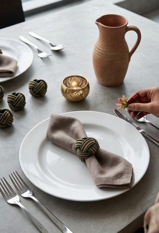Image of Seed Bead Handmade Napkin Ring Holder Set (Green and Brown) -Pack of 8