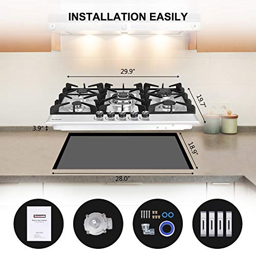 Thermomate Gas Cooktop, 30 Inch Built In Gas Rangetop With 5 High Efficiency Burners, Ng/Lpg Convertible Stainless Steel Gas Stove Top With Thermocouple Protection, 120V Ac #TOP6