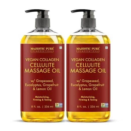 MAJESTIC PURE Cellulite Massage Oil - with Vegan Collagen & Stem Cells, Unique Blend of Massage Essential Oils - Anti Cellulite Oil Improves Skin Tightening and Firming, 2 x 8 fl oz