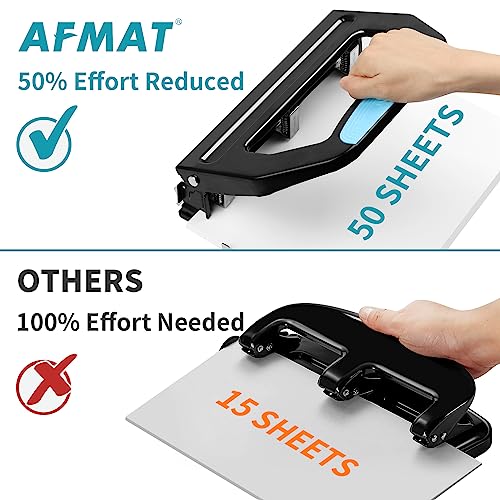image for AFMAT Heavy Duty 3 Hole Punch, 50-Sheet, 50% Reduced Effort, Adjustabl