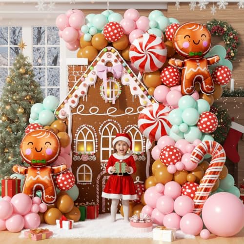 Image of 160Pcs Christmas Balloon Arch Garland Kit Xmas Pastel Pink Green Brown Latex Balloons Gingerbread Man Candy Cane Foil Balloons Arch Kit for Christmas New Year Party Birthday Party Decorations