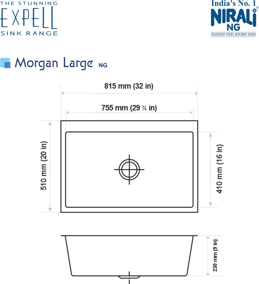 Image of Nirali Kitchen Sink Square 32 inch x 20 inchx 9 inch Morgan | 304 Grade Stainless Steel | Handmade Single Bowl Sink with Waste Coupling | 25 Yrs Warranty on Product by Brand (Morgan-32x20)