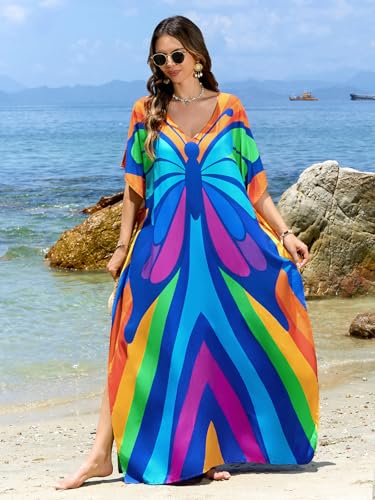 Image of sunforyou Kaftan Dresses for Women Plus Size Lightweight Swimsuit Cover up Batwing Sleeve Print Loungewear Beach Robe