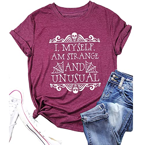 I Myself Am Strange and Unusual Tshirt Women Novelty Funny Letter Print Halloween Shirt Horror Movie Graphic Tees (M, Purple)