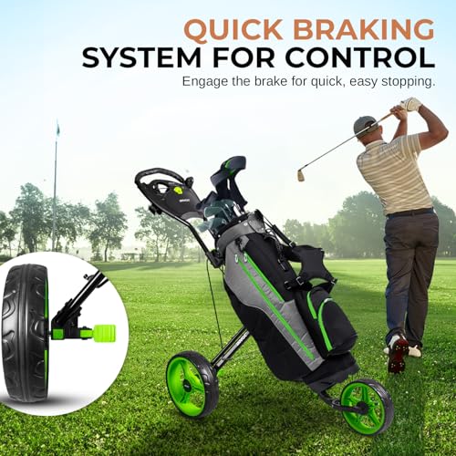 Image of JOVIAL Foldable 3 Wheel Junior Golf Push Cart, Lightweight Aluminum Pull Cart with Deluxe Scorecard Holder, Adjustable Handle, Quick Brake System, Compact Folding Golf Trolley with Strap Support