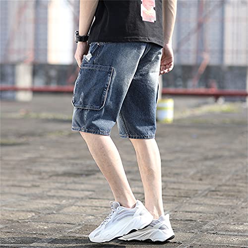 Men's Ripped Cargo Pockets Denim Shorts Destroyed Wash Hip Hop Loose Short Distressed Straight Holes Casual Jean Shorts (30,Navy Blue) #TOP3