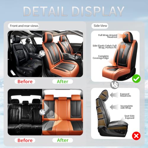 Image of Fit Outback Car Seat Covers Compatible with Subaru Outback 2010-2025 2026 - Premium Breathable Leather,Airbag Compatible,Waterproof All-Weather Seat Cushion Protector, Full Set Orange&Black