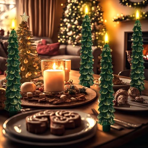 Image of Funtery 6 Pcs LED Christmas Tree Flameless Taper Candles Real Wax Battery Operated Candlestick Lights with 3D Flame and Remote Timer Window Fireplace(Gold Edge,Christmas Tree)