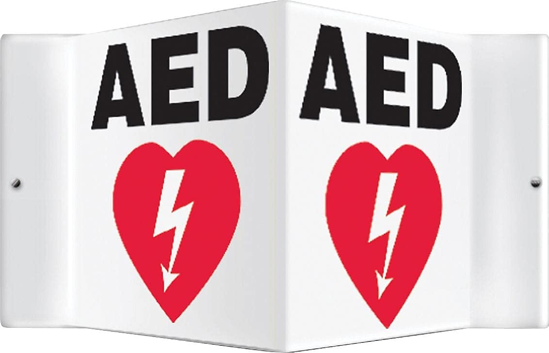 Accuform PSP609 Projection Sign 3D, "AED" with Graphic, 6" x 5" Panel, 0.10" Thick High-Impact Plastic, Pre-Drilled Mounting Holes, Red/Black on White